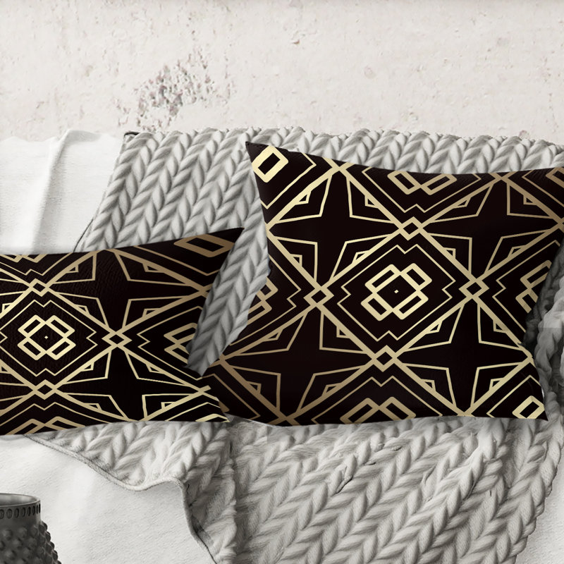 Coussin décoratif doré et noir à motif Art déco Mid-Century, 18 po x 18 po