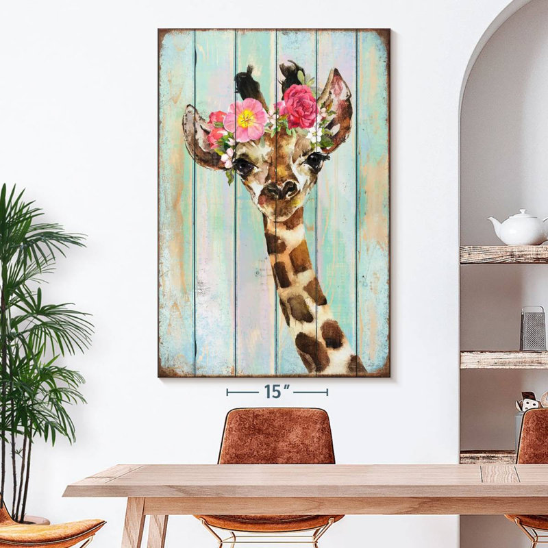 Couronne florale de girafe grunge sur toile, H 51 po x l 34 po x P 1,25 po