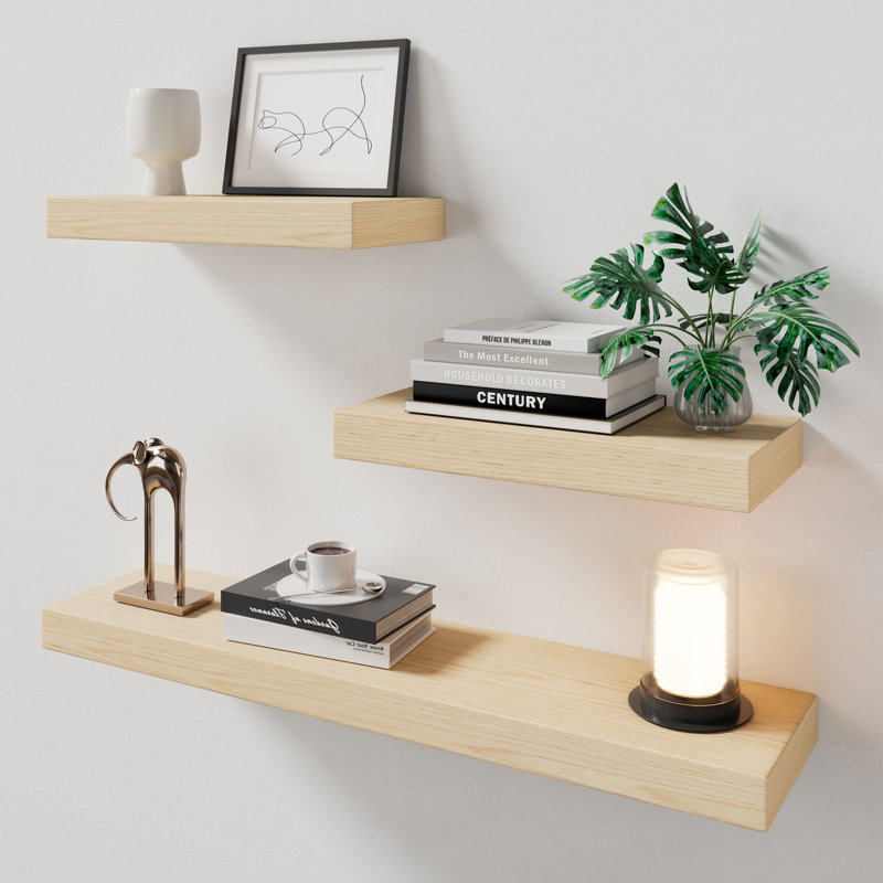 Heurich 3 Piece Painted Wood Floating Shelves, Bathroom Wall Shelves 2 Inches Thick, 2" H x 32" W x 8" D, Oak Wood