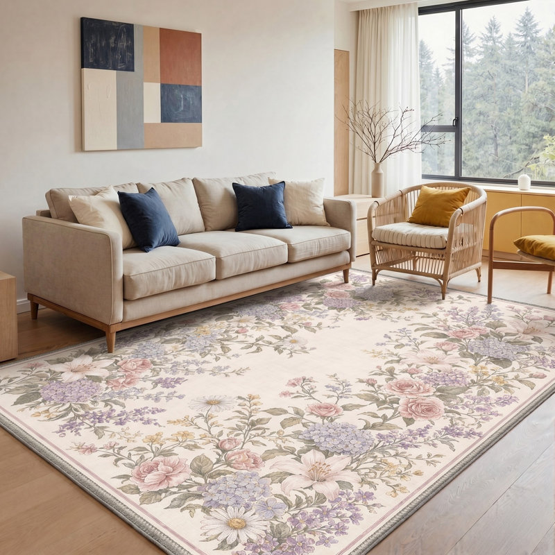 Tapis beige / rose / lavande lavable à la machine avec envers antidérapant, Rectangulaire 8 pi x 10 pi