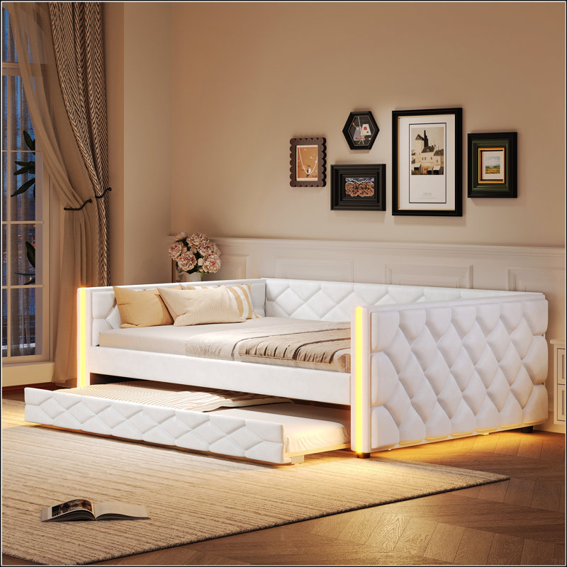 Lit de jour double rembourré de taille XL avec couchette et DEL, polyvalent et élégant pour les espaces de vie modernes