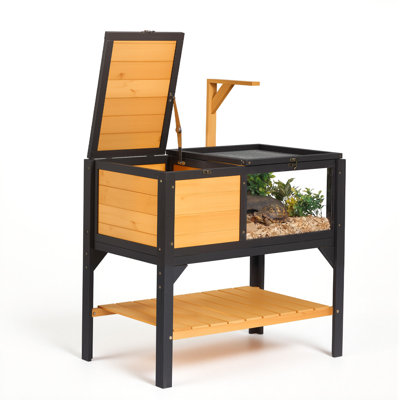 Tortoise Habitat 2-Room Wooden Tortoise House with Storage Shelf, for Small Animals Indoor Outdoor, Lamp Stand, Large Turtle Enclosure Reptile Cage with Openable Roof, Acrylic Viewing Window