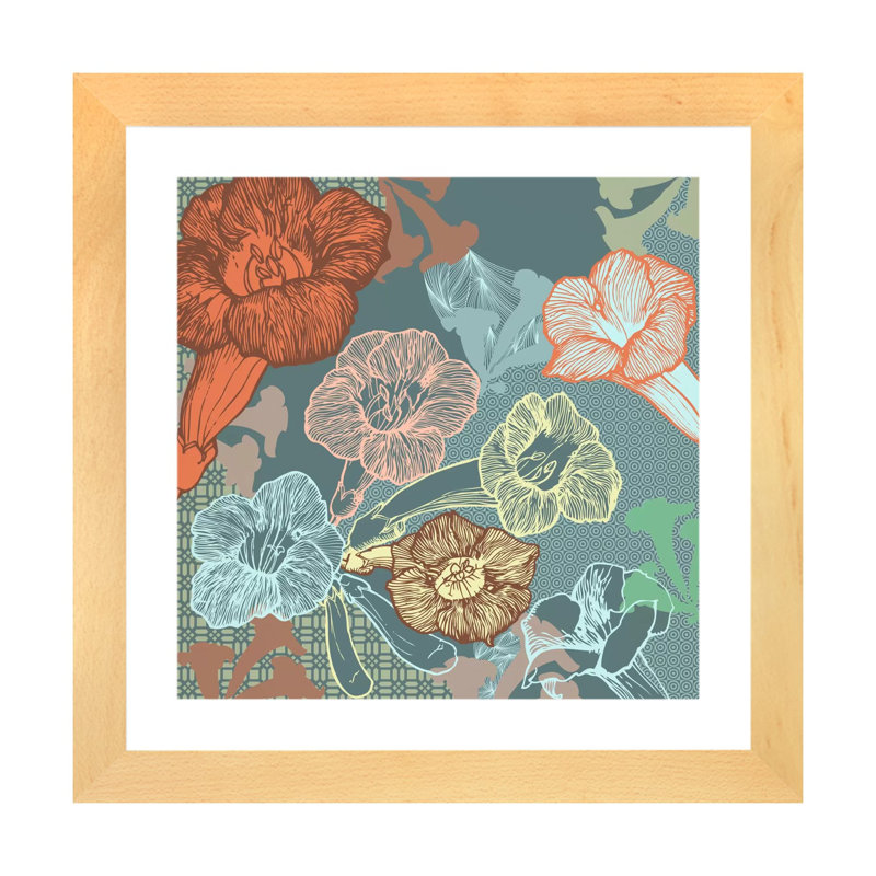 Motifs et fleurs (multicolore) - Impression d'art graphique, Papier encadré de bois naturel, Blanc