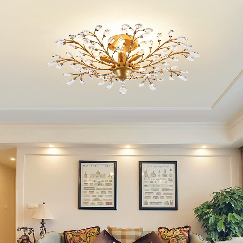 Jamei 31.5" W 5-Light Metal and Crystal Dimmable Semi-Flush Mount , Gold, 5 Lights