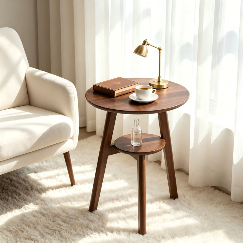 100% Solid Wood Round 2-Tier Storage End Table, Multi-Purpose Sofa Side Table