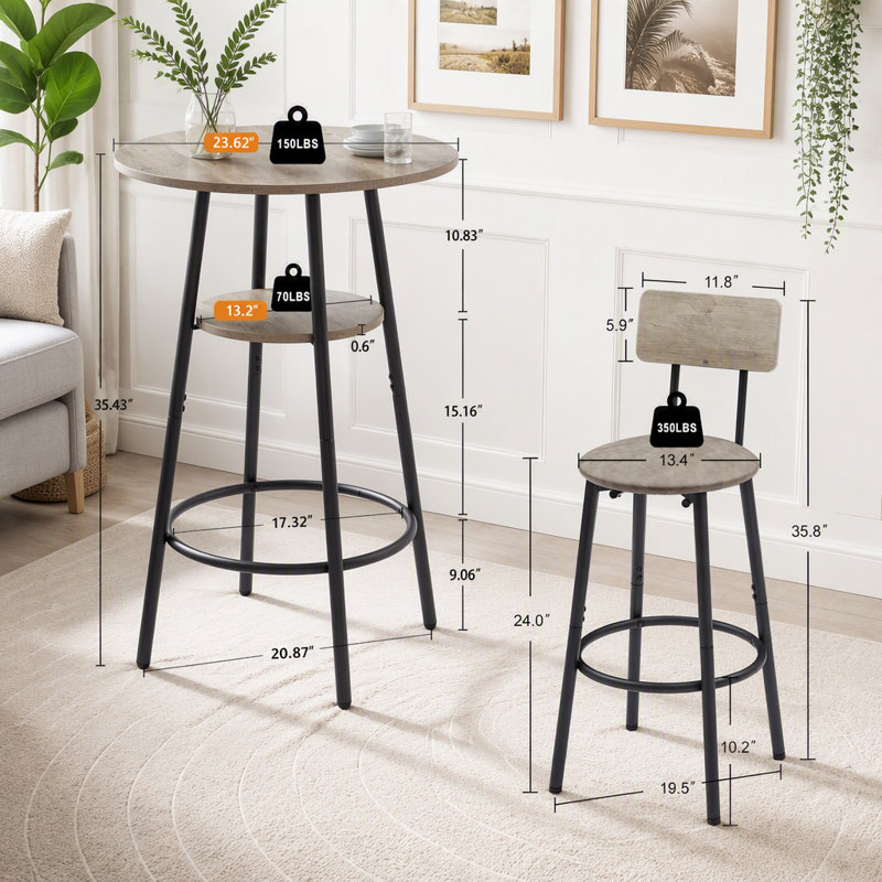 Ensemble de table de bar ronde 3 pièces avec tablette de rangement et tabourets rembourrés, Gris
