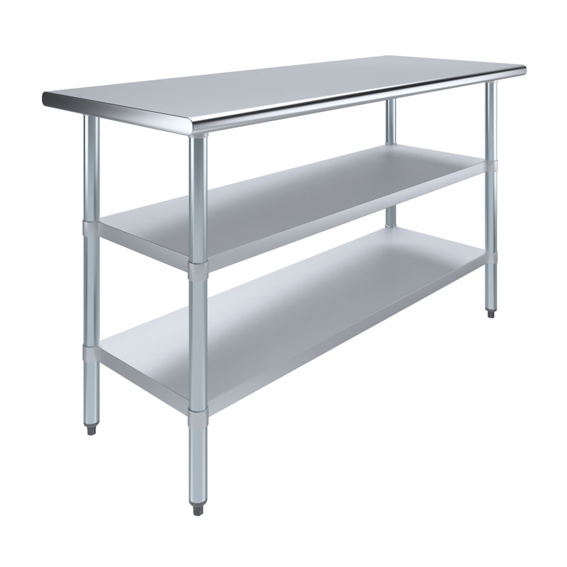 Stainless Steel Work Table with 2 Shelves, 35" H x 60" W x 24" D