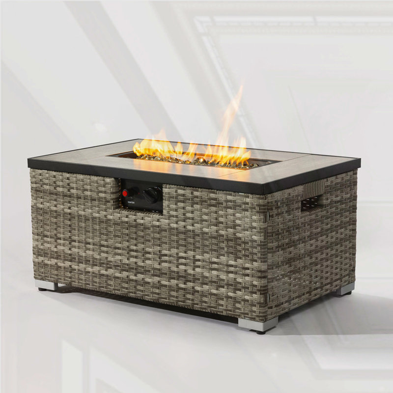 Beige Rattan Fire Pit Table with Tank Holder and Ceramic Tile Tabletop