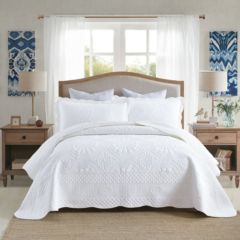 Tfshasta Cotton Twill Patchwork Quilt, Queen Quilt + 2 Standard Shams, Premium White