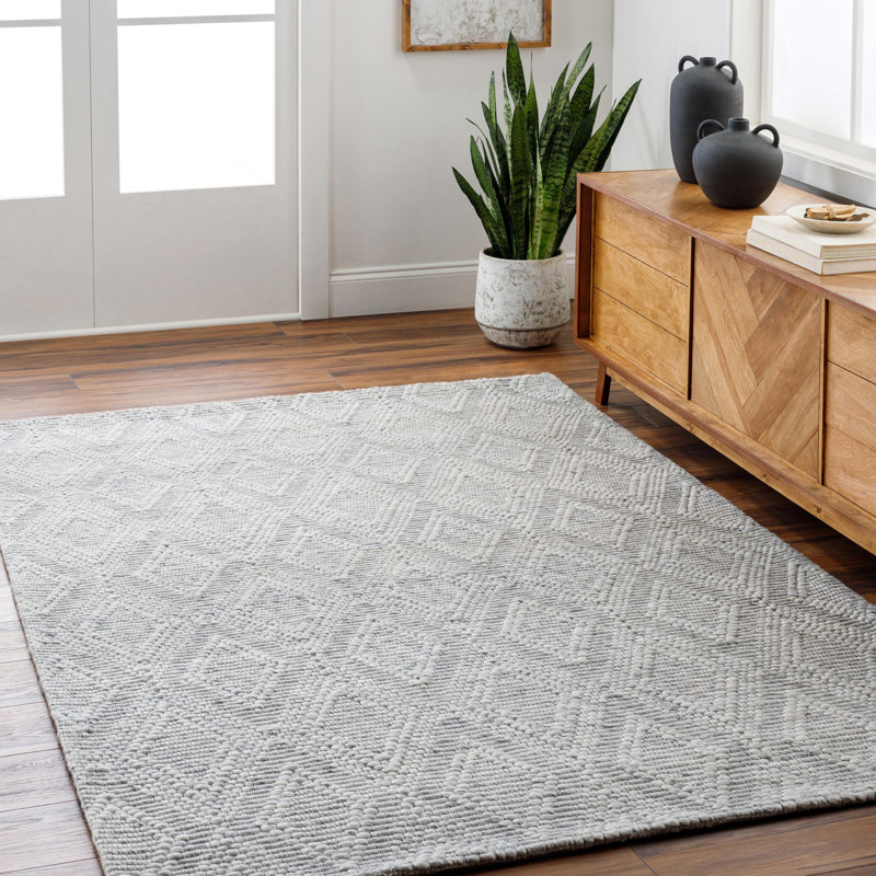 Rectangle Roeline Argyle PET Wool Area Rug in Gray, Rectangle 5' x 7'6"