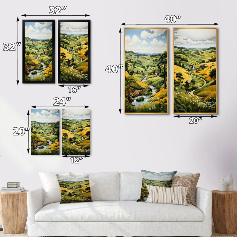 "Paysage de campagne vert et jaune" - 2 pièces sur toile, Cadre noir, H 32 po x l 32 po