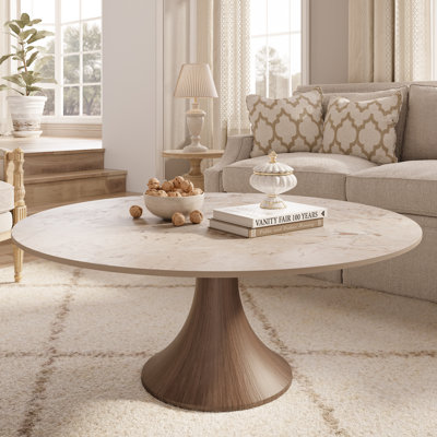 Mid-Century Modern Stone Marble Effect Round Coffee Table Solid Wood Pedestal Table For Living Room & Home Decor