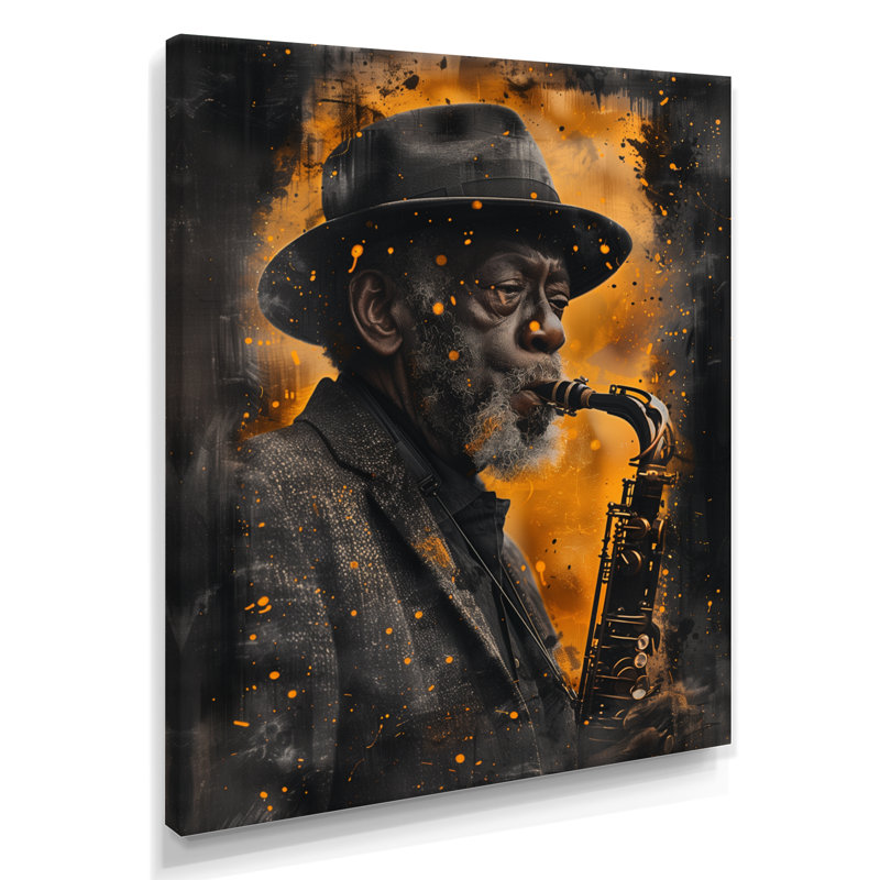 «Black Yellow Music» Harlem Blues Sax Player - Musician Wall Art, reproduction, H 24 po x l 32 po, Toile tendue