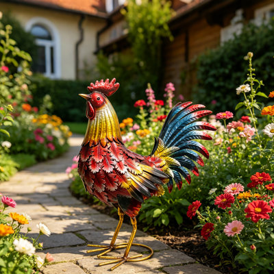 Metal Rooster Garden Statue Outdoor Decor