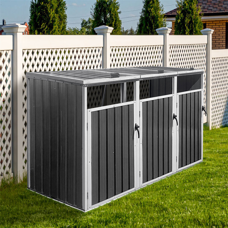 Garbage Bin Shed Stores 3 Trash Cans Metal Outdoor Bin Shed For Garbage Storage,White+Grey, White/Gray