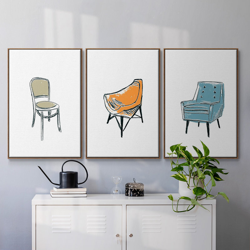 «Take A Seat X», reproduction sur toile 3 pièces, H 36 po x l 72 po x P 2 po, Cadre noyer