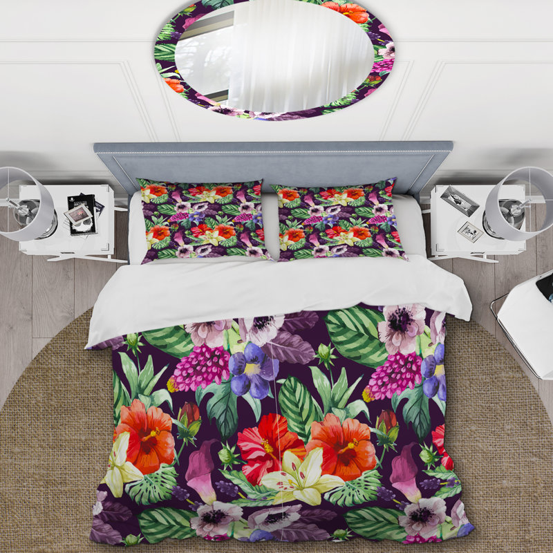 Green Leaf and Flowers - Ensemble de housse de couette floral - Polyester microfibre