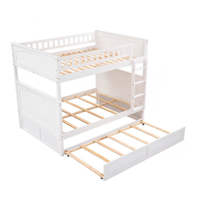 Lit superposé double au dessus d'un lit double avec lit gigogne simple, lit superposé en bois de pin avec garde-corps, Blanc