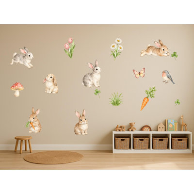 Bunny Meadow Wall Decals, Set of 16 Peel and Stick Nursery Wall Stickers, Satin Finish Removable Kids Room Wall Art, 20"W x 20"H (50 x 50 cm)