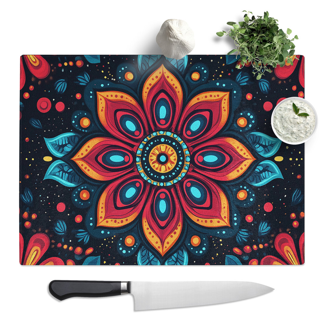 Mandala Flower  Glass Chopping Board