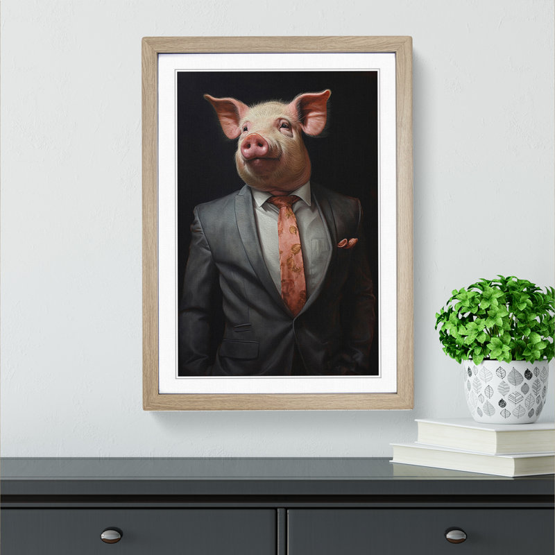 Pig In A Suit No.3 - Single Picture Frame Print on Wood, Oak, 34cm H x 25cm W x 2cm D