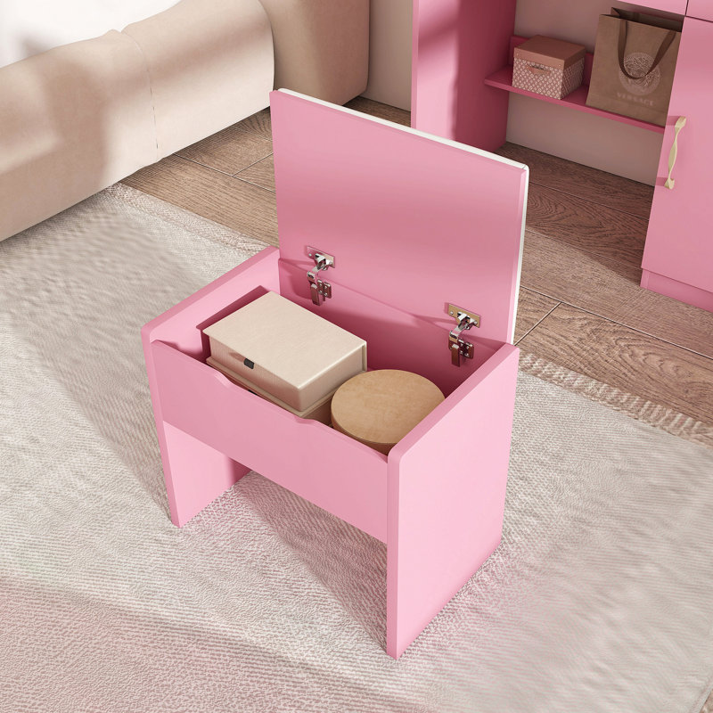 3-Color LED Vanity Mirror With Stool, Pink Dressing Table For Bedroom, 2 Drawers & 5 Storage Cabinets (4 Open + 1 Hidden), Adjustable Lighting