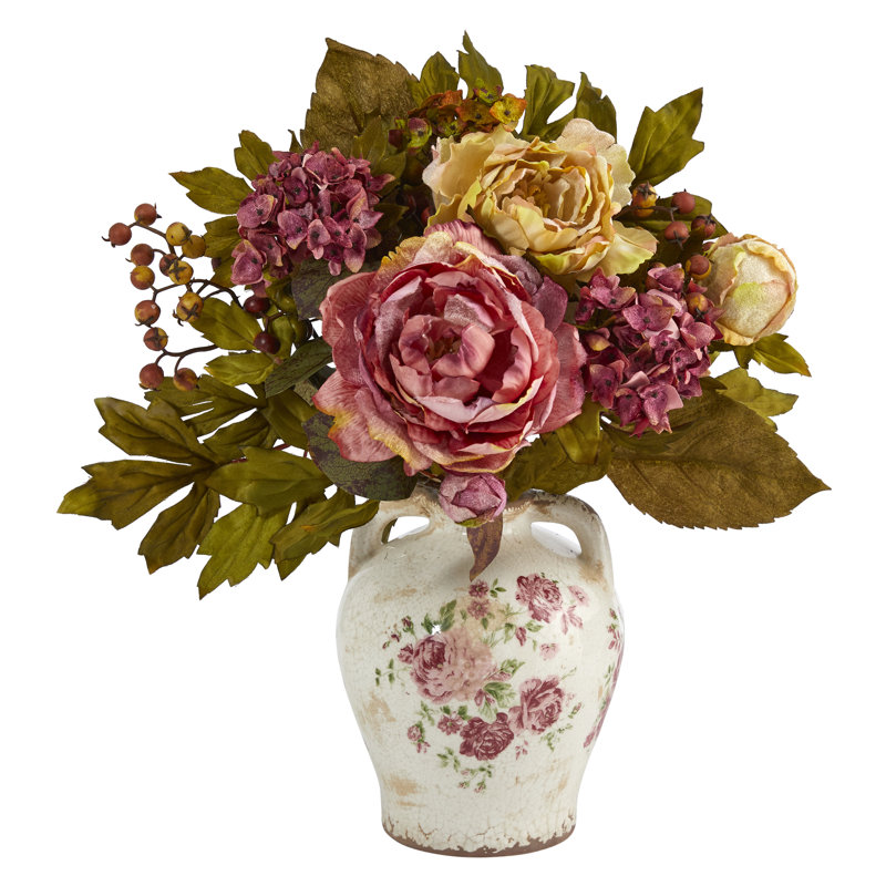 Composition artificielle de pivoine 16 po dans un pot à imprimé de fleurs