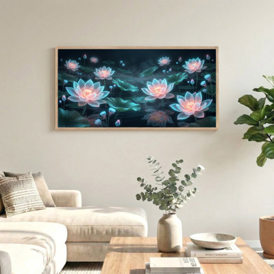 Art mural sur toile étincelant avec fleurs de lotus bleu sarcelle 46 po x 24 po