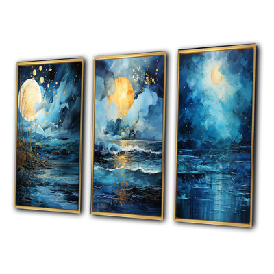 «Teal Yellow Ocean Serenade Pastoral», 3 pièces sur toile