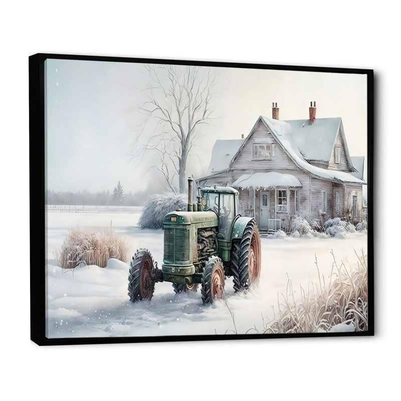 «Tractor at the Barn in Winter II», reproduction sur toile, H 12 po x l 20 po x P 1 po, Cadre flottant noir