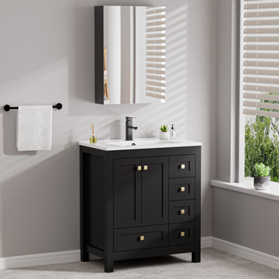 Ensemble de meuble-lavabo simple 30 po avec comptoir en résine Wimer, armoire à pharmacie 20 po avec miroirs, robinet et bonde Wimer
