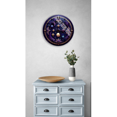 Whimsical Celestial Night Sky in Purple & Gold 24'' Round Tempered Glass Silent Wall Clock