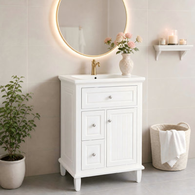 Meuble-lavabo autoportant de 61 cm (24 po) avec lavabo, structure et pieds en bois massif, 1 tiroir à charnière et 2 tiroirs, tablette intérieure réglable intégrée, blanc