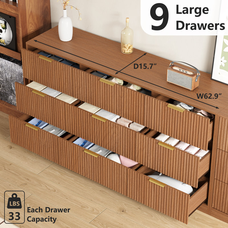 Fluted Dresser For Bedroom With 9 Drawers, 63" Wide Modern Chest Of Drawers With Metal Handle, Brown