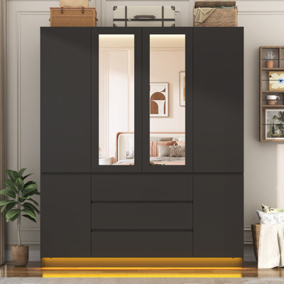 75" Led Lighted Wardrobe Closet With Mirror, 4 Doors, Drawers & Hanging Rod – Modern Farmhouse Storage Cabinet For Bedroom Or Entryway