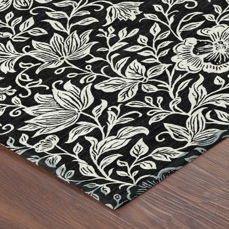 Machine Washable Indoor/Outdoor Chantille ACN2572 Floral Rug, 2'6" x 3'10", Black