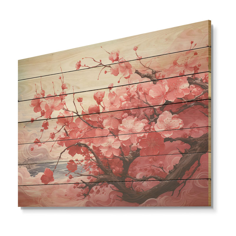 «Pink Blossom Cheery Tree Wind II - Cerisier sur bois», H 34 po x l 44 po x P 0,78 po