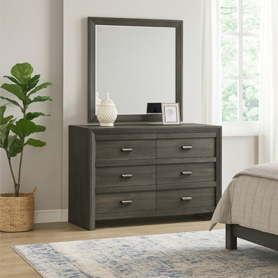 Velz 2Pc Dresser And Mirror Set, 6 Drawers, Finger Pull Handles, Dark Gray Wood