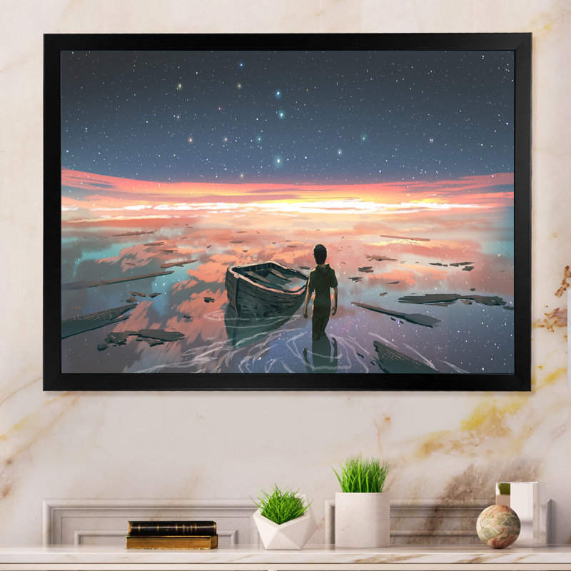 «Video Game Man In A Galaxy River», reproduction de photo sur toile, Cadre d'angle fermé noir, H 8 po x l 12 po x P 1 po