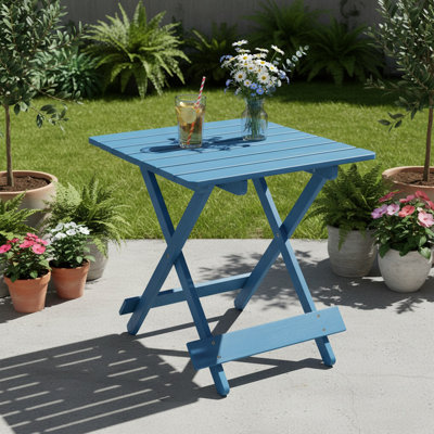 Table de patio pliante bleue en bois massif, table d'appoint extérieure carrée portable pour la cour, le balcon et la piscine