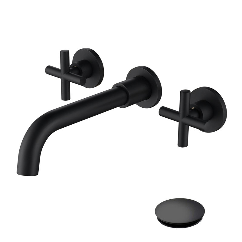 Wall Mounted Bathroom Sink Faucet With Pop-up Drain (no Overflow) – 2 Cross-design Handles For Water Temp/flow Control, Anti-splash Aerator, Rust/corrosion Resistant, Easy-clean Drain