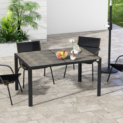 Table de salle à manger pour 6 personnes, table de patio rectangulaire en métal de 55 po avec plateau en bois composite et structure en aluminium, pour la piscine
