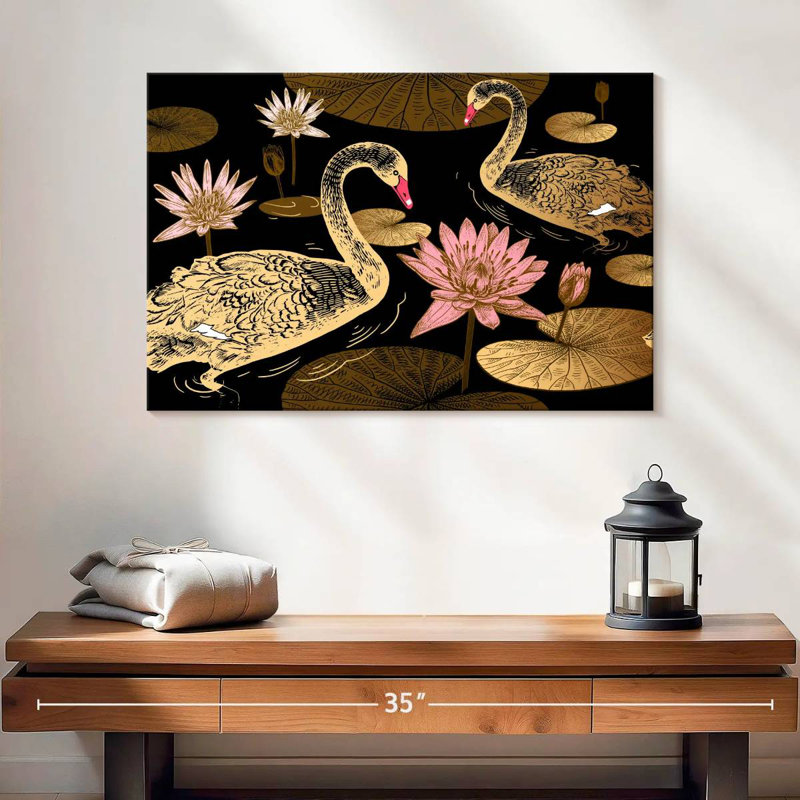 Swans Amid Water Lilies, 16" H x 24" W