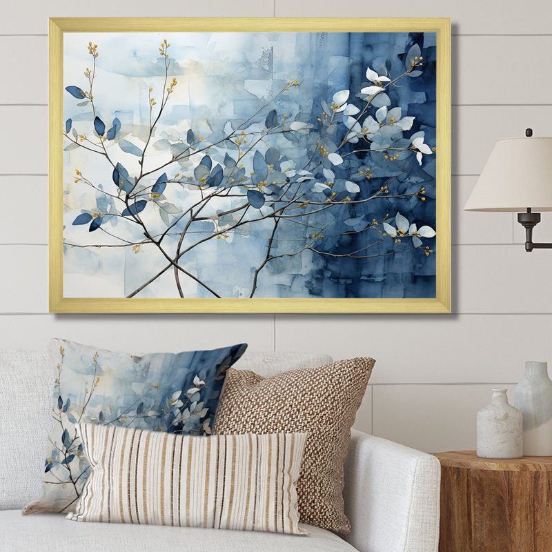 Art mural bleu et gris sur une branche I - Feuilles, Cadre doré simple, H 16 po x l 32 po x P 1 po