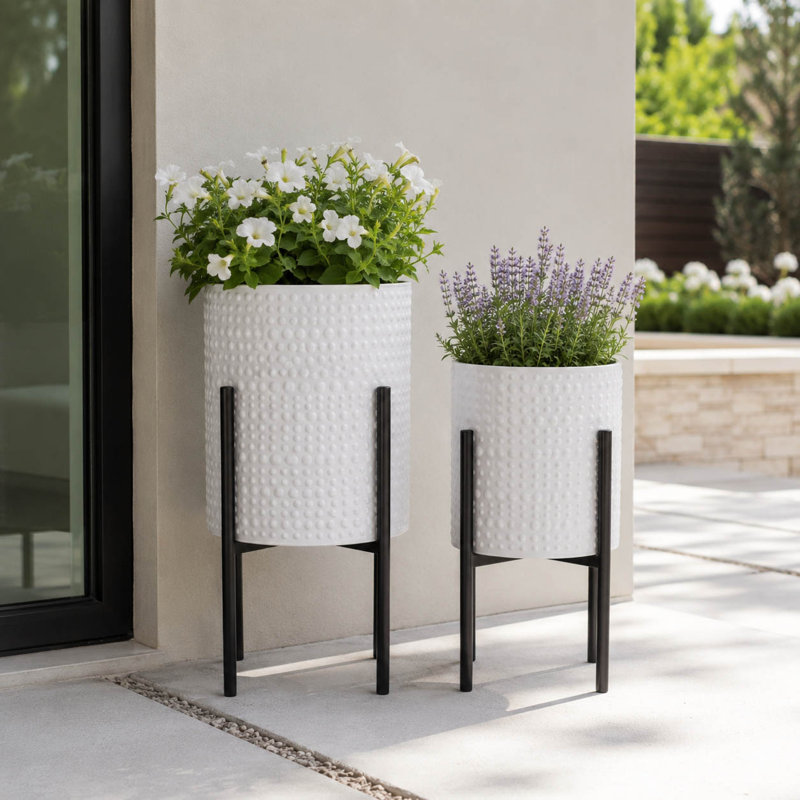 Aideen Metal Planter Pot Set for Indoor & Outdoor Use - Set of 2, Dot White