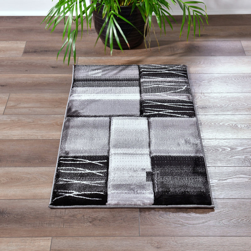 Tapis gris foncé / noir à motif abstrait Anjolie, Rectangle 2 pi 1 po x 3 pi 3 po