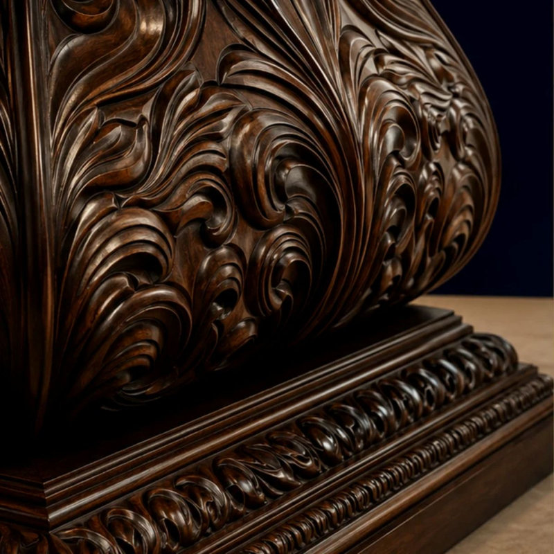 La Grande Montara | Table de salle à manger de luxe ronde en travertin avec base piédestal ornée - élégance rustique intemporelle