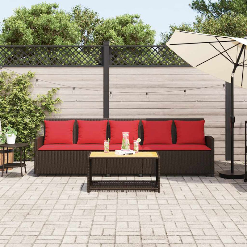  Canapé de patio 5 places avec coussins en rotin de polyester brun, Rouge, Brun
