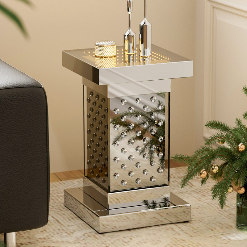 Mirrored End Table With Led, Modern Side Table Nightstand With Crystal Inlay, Silver Nightstand With Remote Control For Living Room, Bedroom And Office