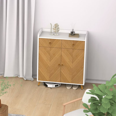 Range-chaussures, range-chaussures à 4 niveaux avec 2 tiroirs, range-chaussures autoportant en bois à chevrons avec 2 portes et tablettes réglables pour le vestibule